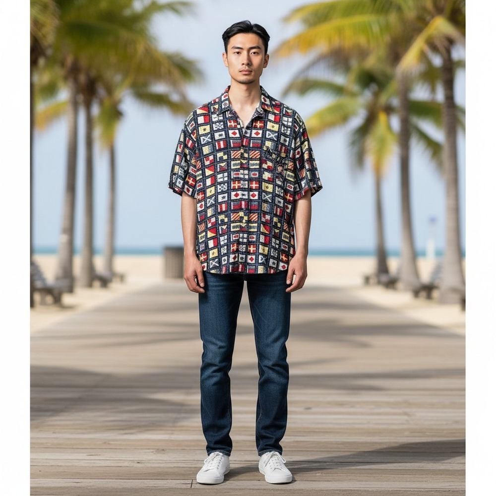 Men's Navy Short-Sleeve Button-Down with Red & Gold Nautical Print‎